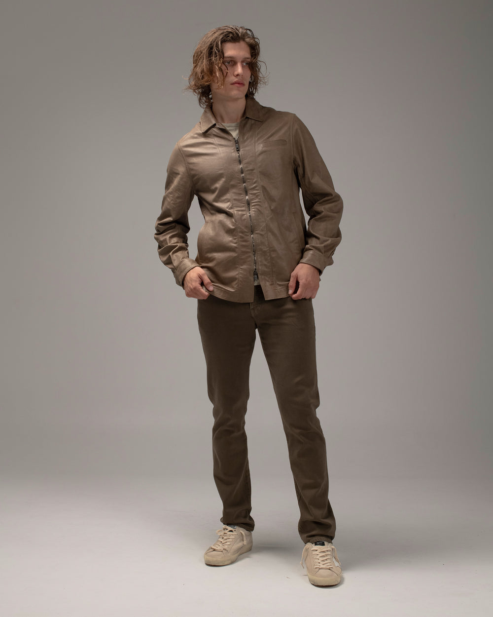 Leather Zip-up Jacket Taupe